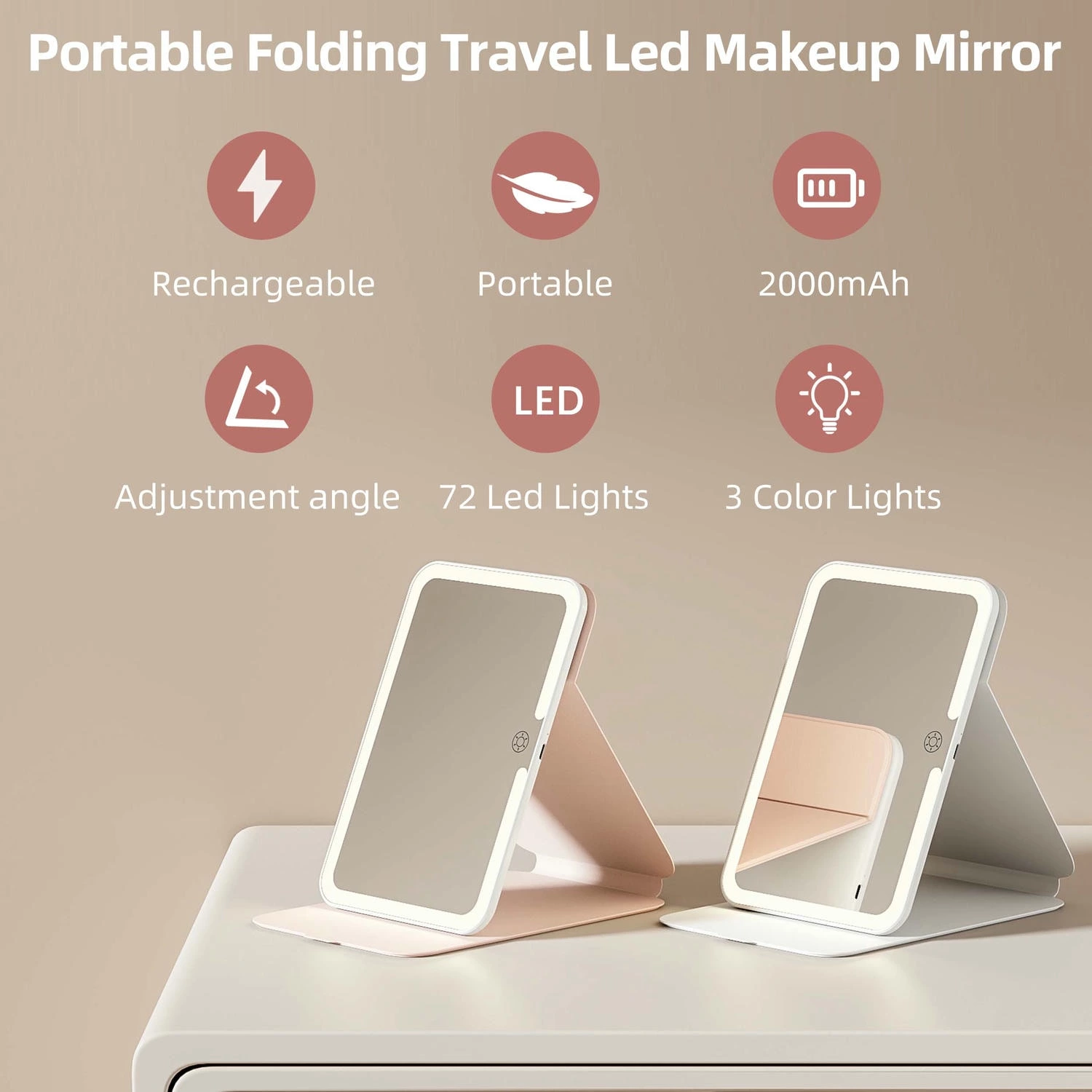 Miroir de maquillage de voyage pliable à LED