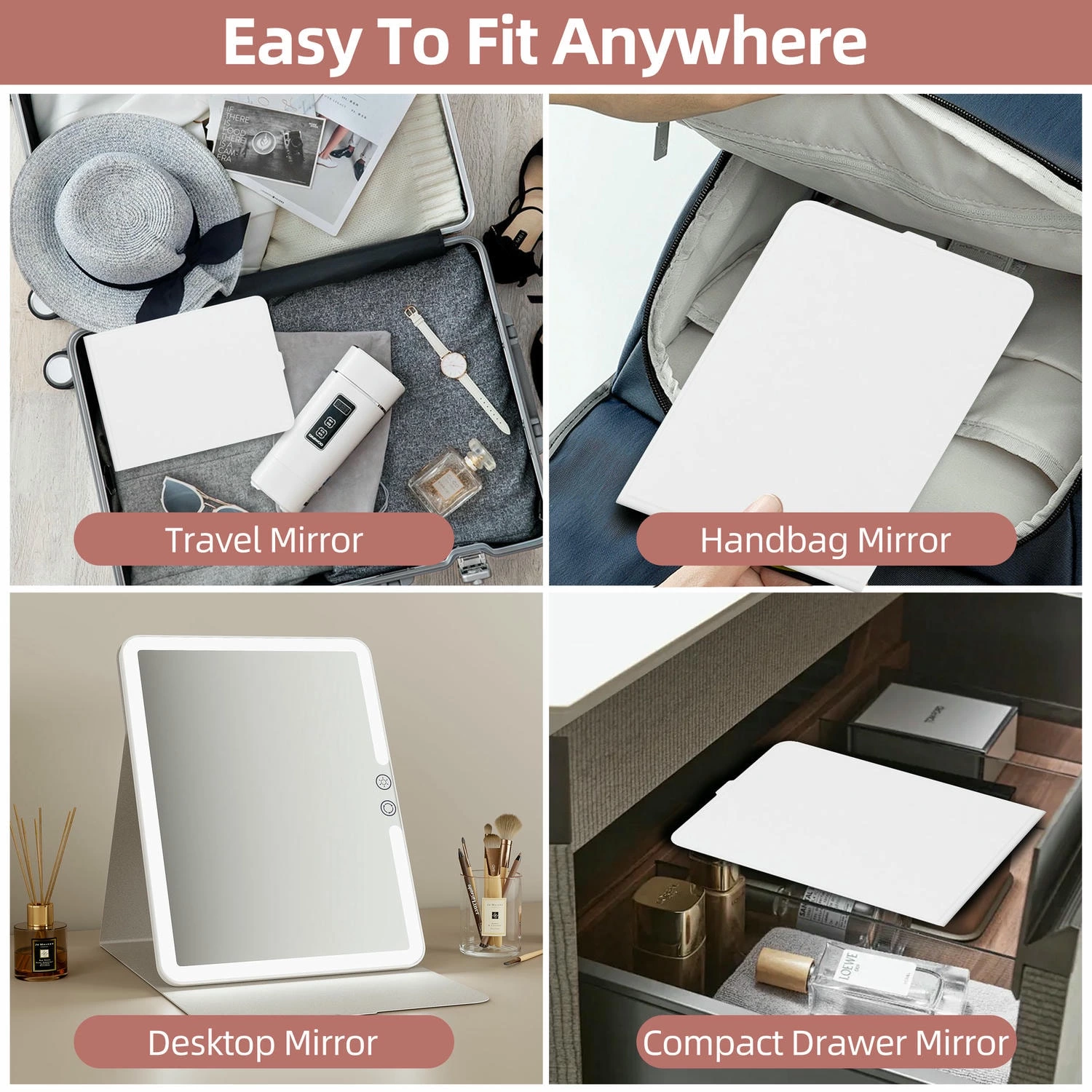 Miroir de voyage pliable et éclairé