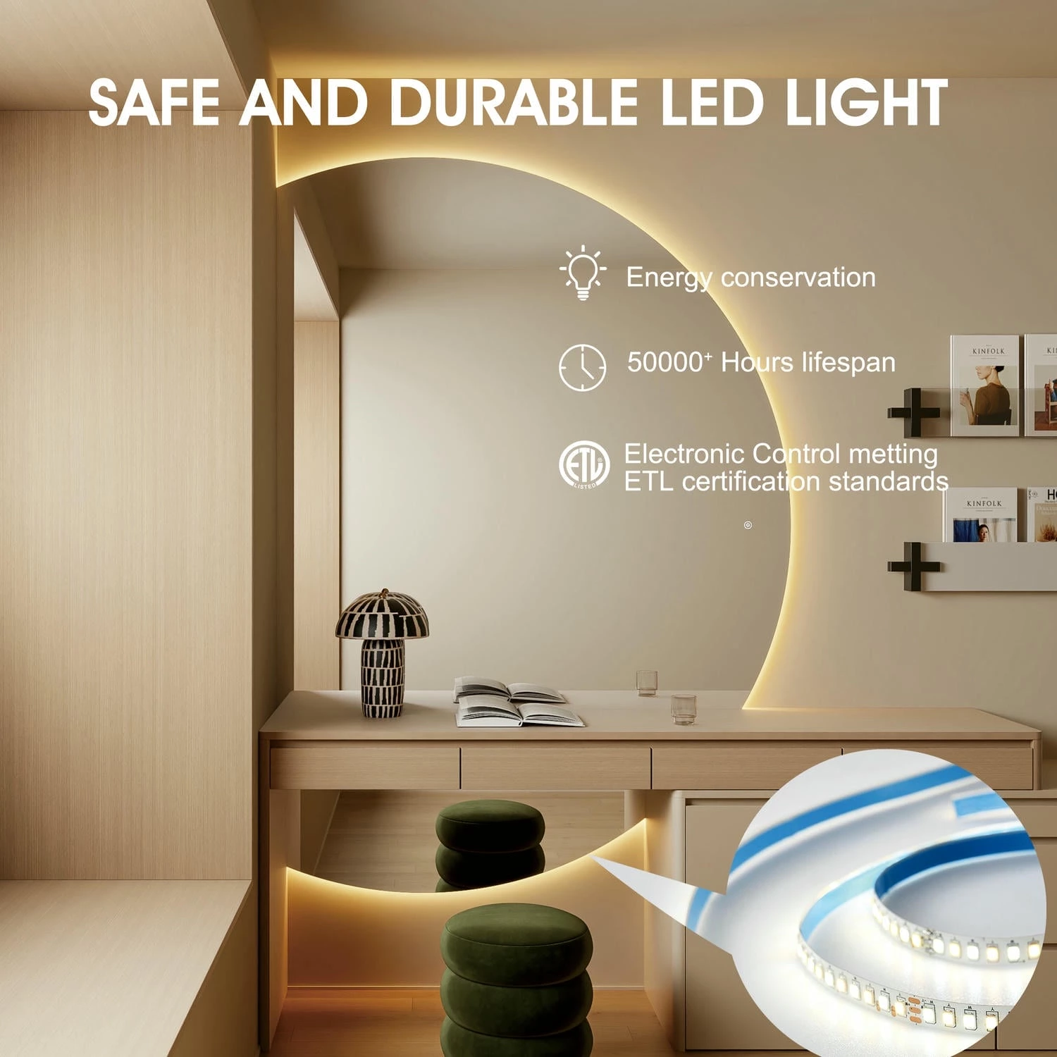 Halve maan spiegel met licht