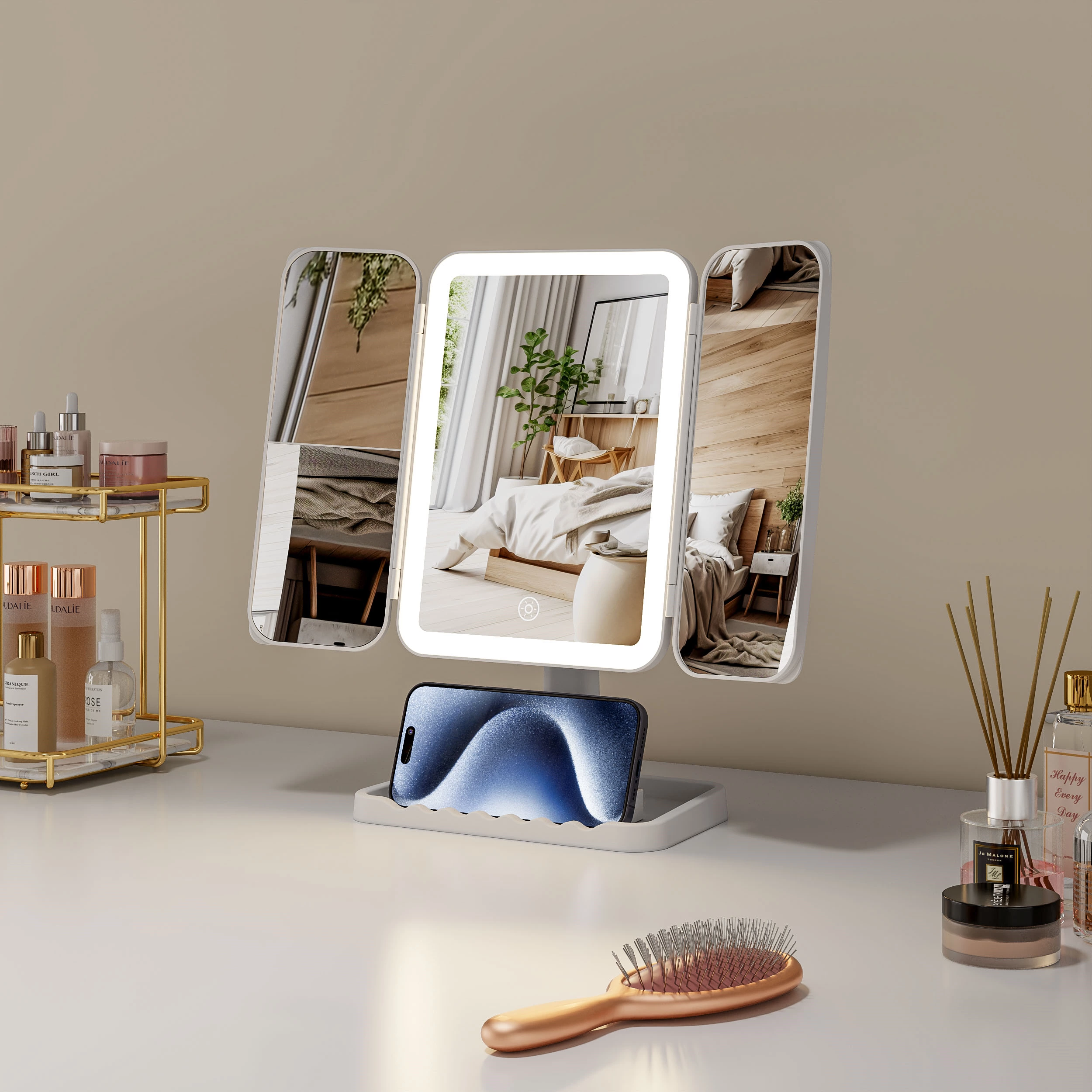 Miroir de coiffeuse à trois volets avec LED