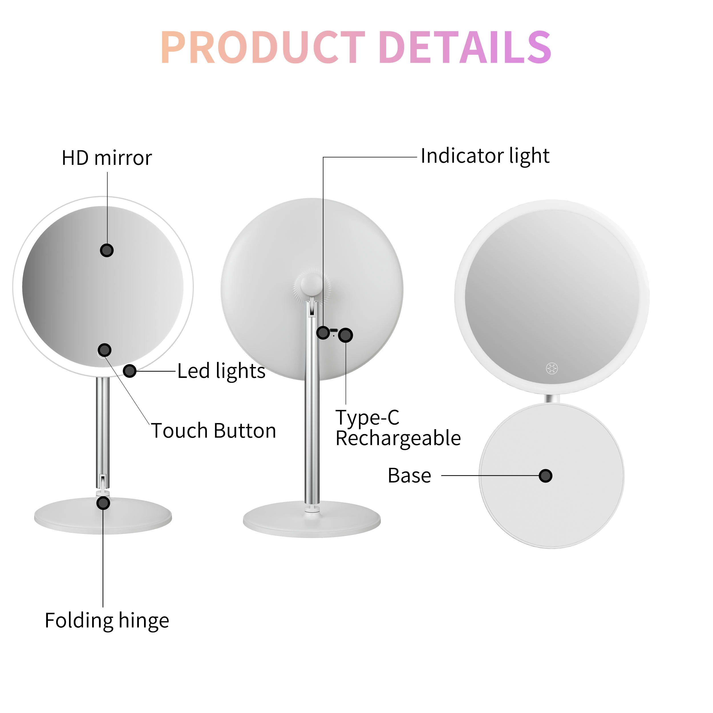 Opvouwbare kaptafelspiegel met verlichting