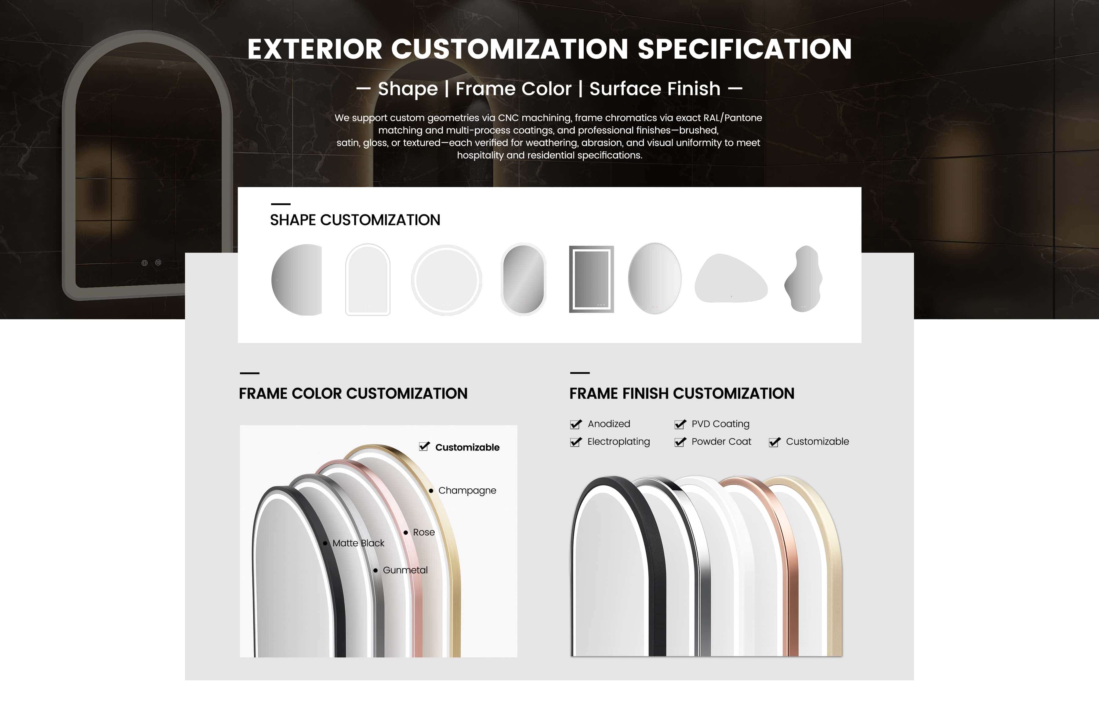 Exterior Customization — Shape · Frame Color · Surface Finish