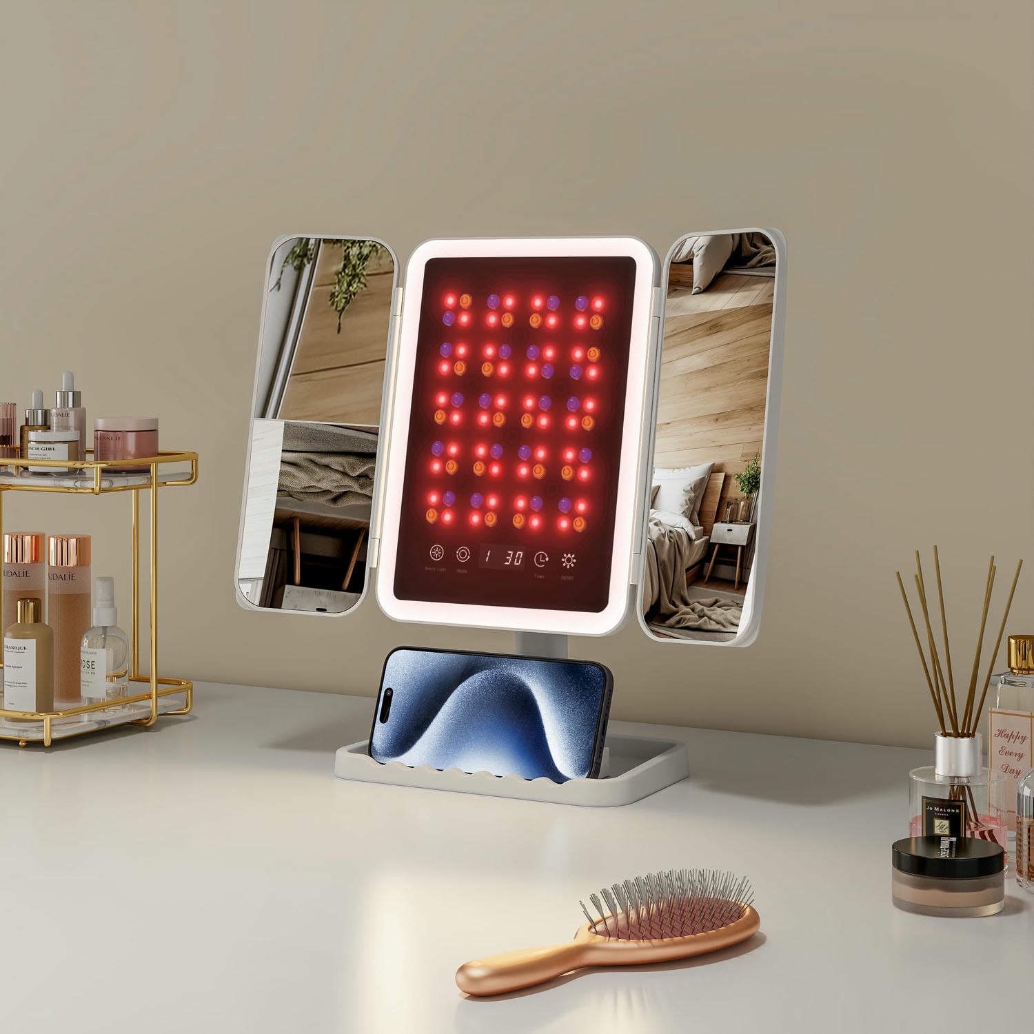 LED Phototherapy Trifold Mirror