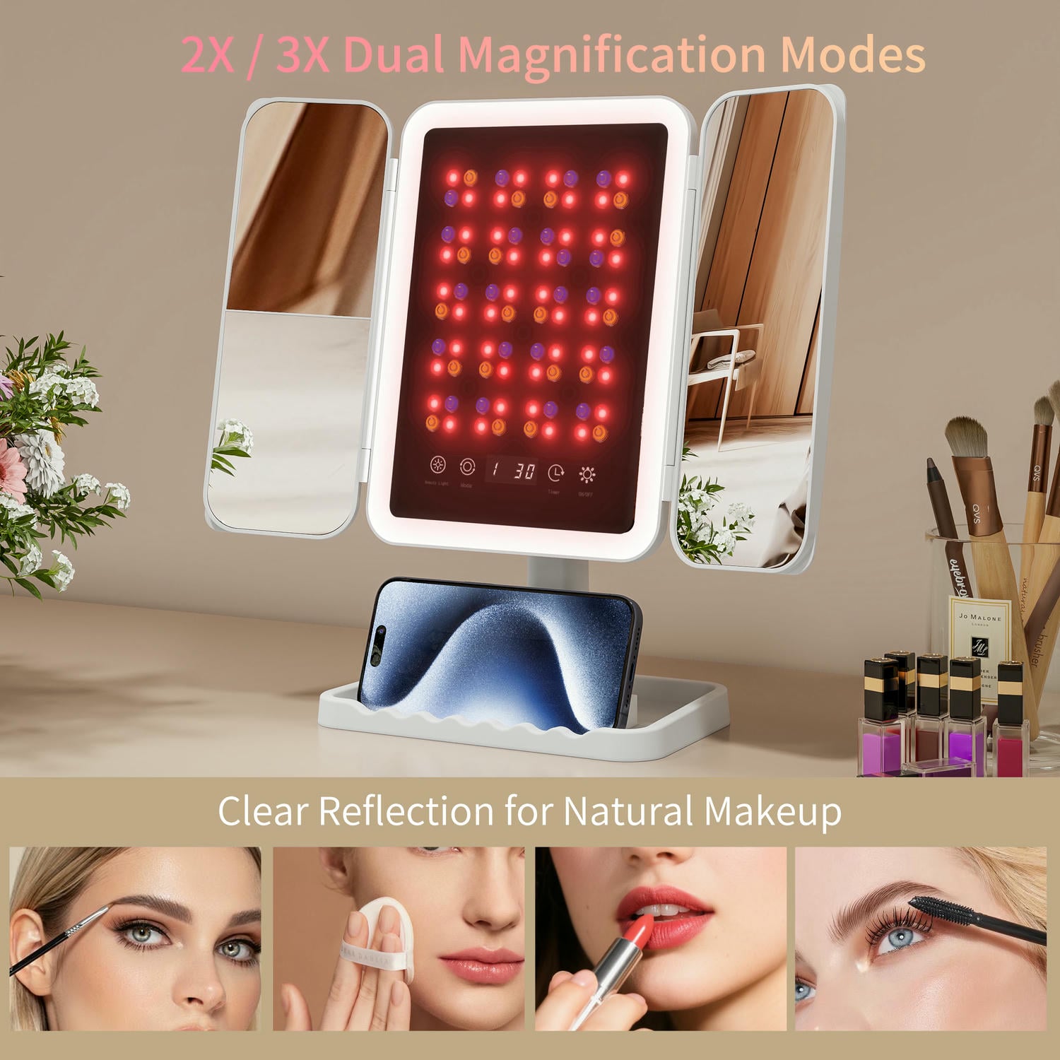 LED Phototherapy Trifold Mirror