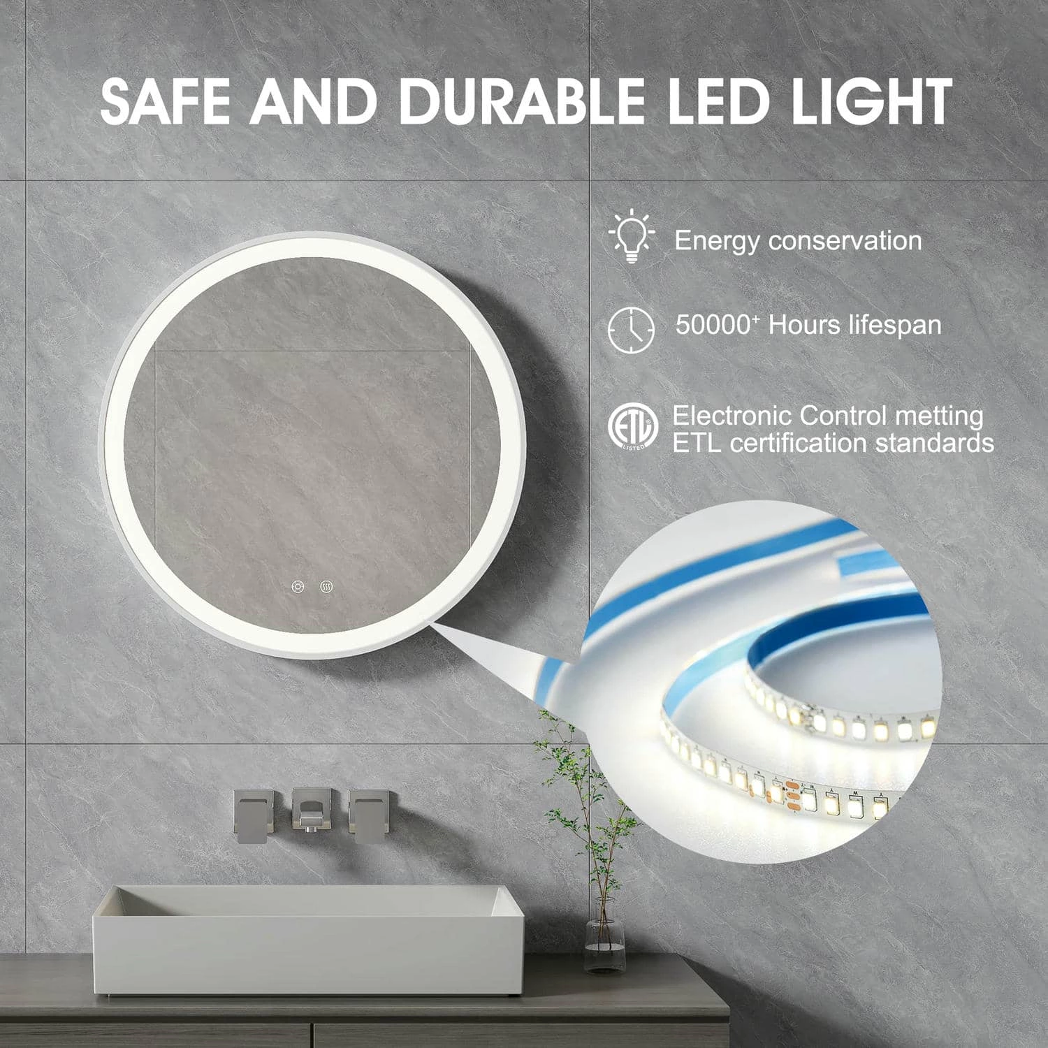 Miroir de salle de bain rond à LED